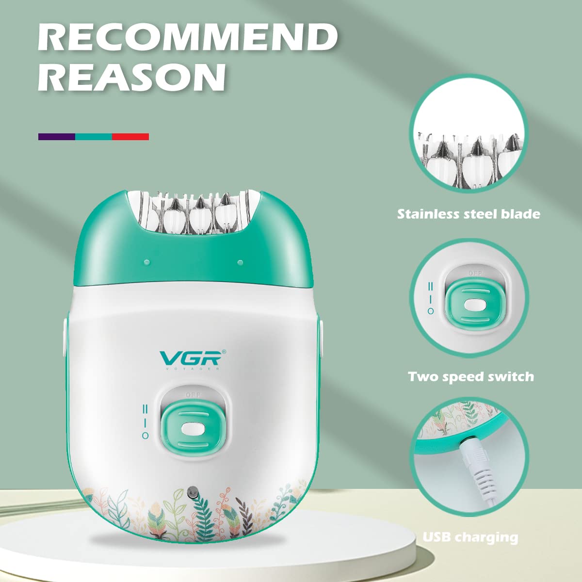 VGR Professional Rechargeable Women Epilator for different body areas