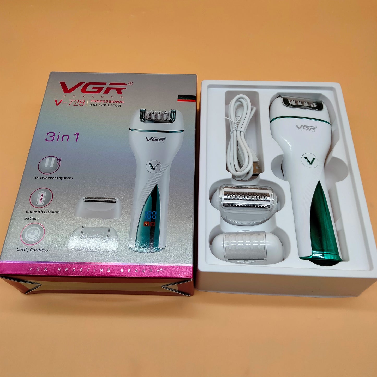 VGR 3in1 Rechargeable Women Epilator Female Hair Removal-Callus Remover