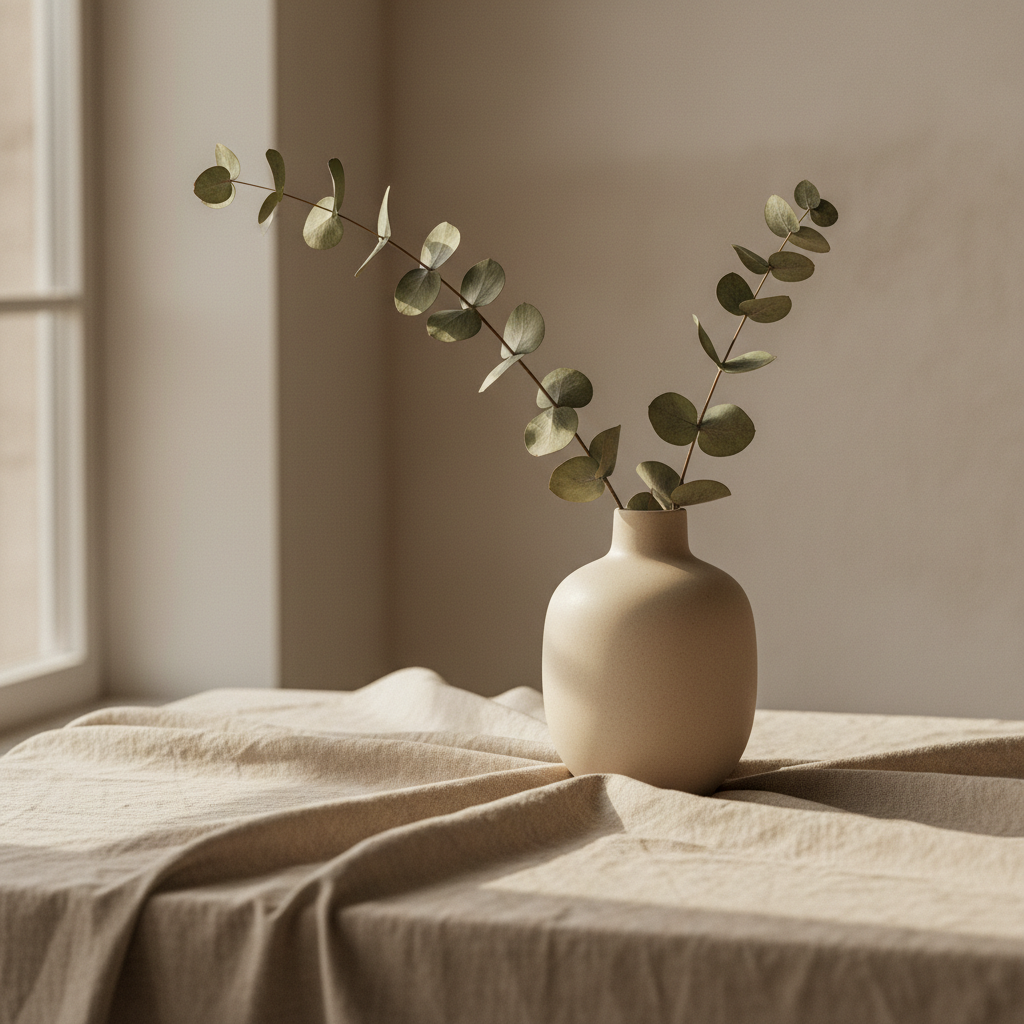 A minimalist ceramic vase with dried eucalyptus on a textured linen surface.