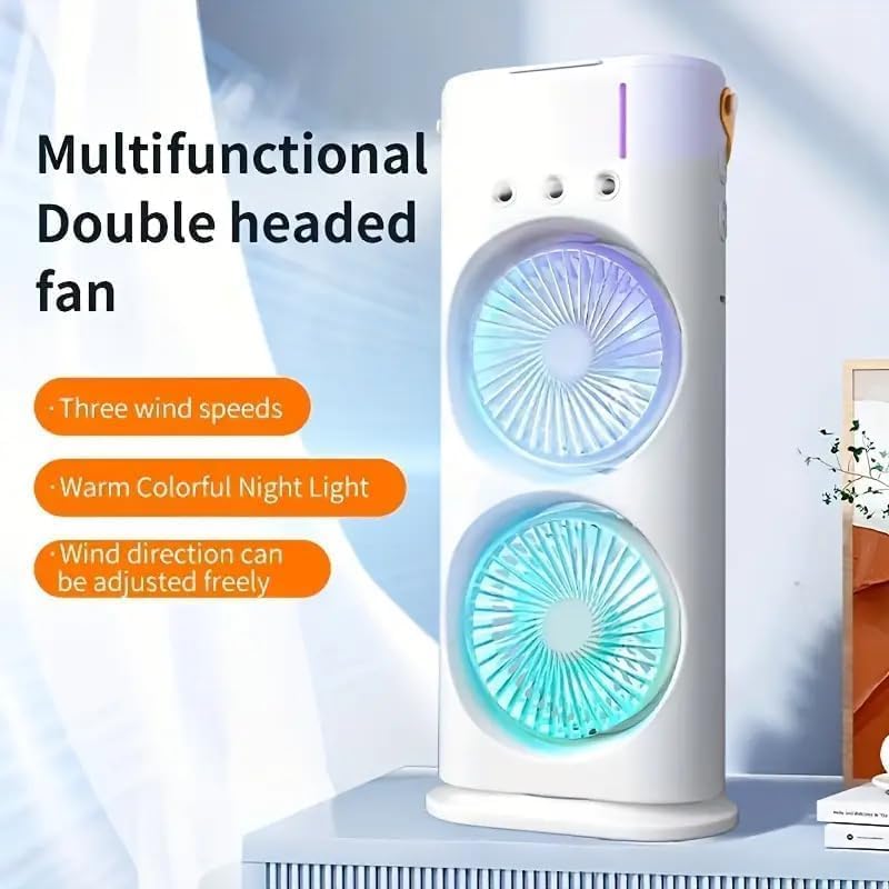 Rechargeable Double Head + Water Spray LED Fan- Remote Control